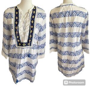 Piper Women Swimsuit Cover up Dress Tunic Small Blue Aztec Embroidered